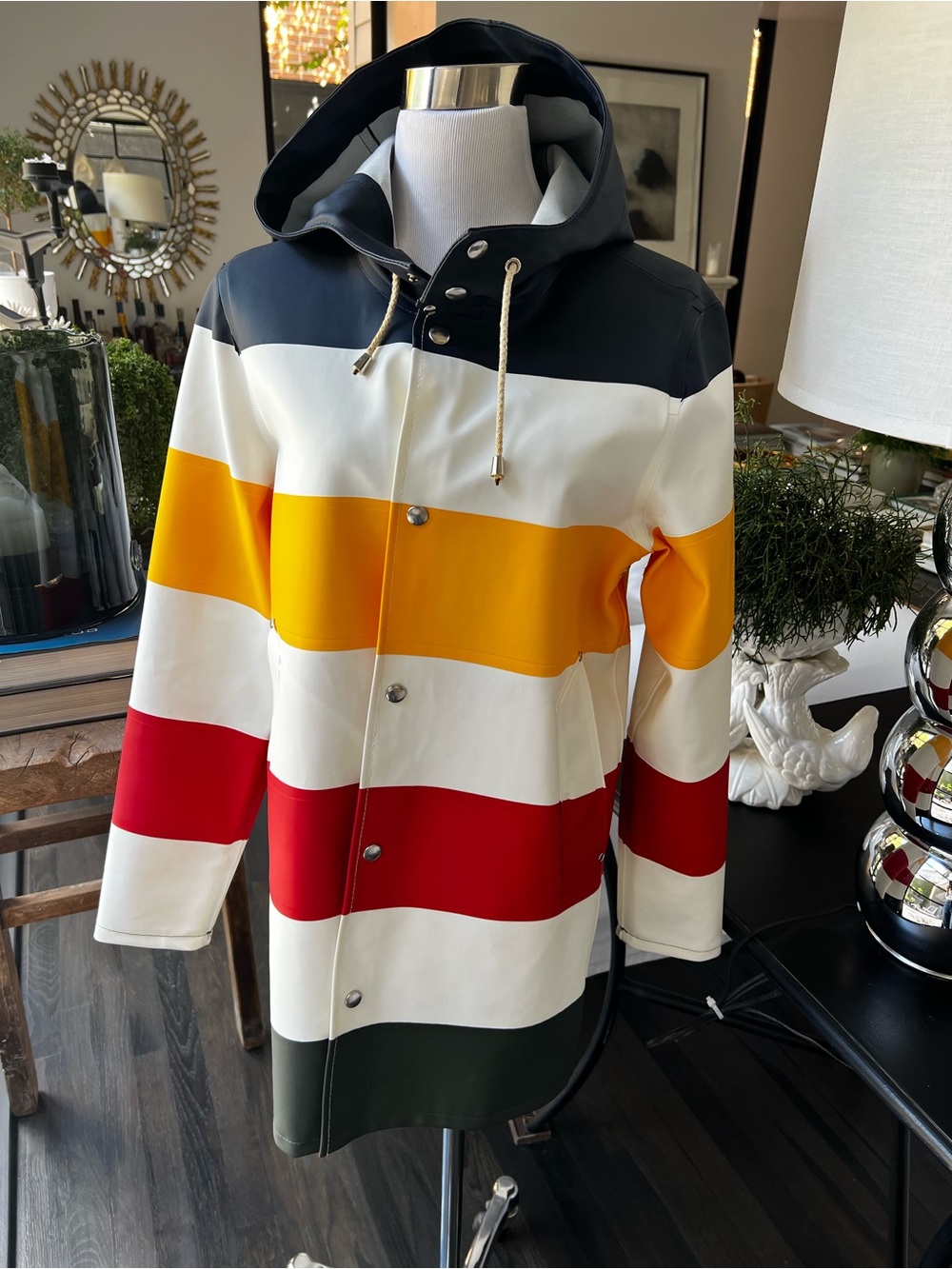 Stutterheim x Hudson Bay Co Hooded Raincoat - Navy, White, Yellow, Red XS